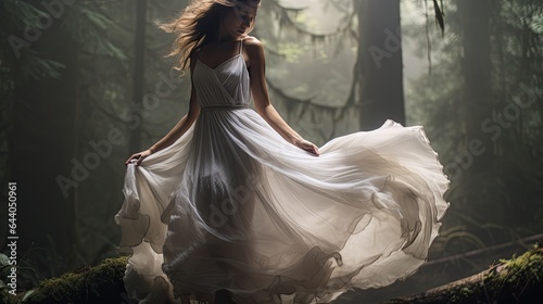 Model in a flowy ethereal dress, set in a misty forest at dawn