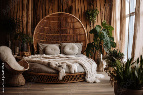 Bedroom interior decoration with rattan bohemian-style, warm tone, natural wooden in minimal design concept.