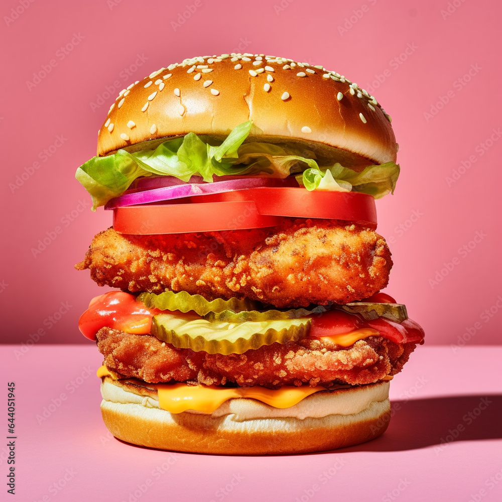 Foto de Chicken burger, a chicken burger with sauce. BBQ sauce, doublestack chicken burger with