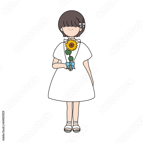 ひまわりのプレゼントを持ったワンピースの女の子