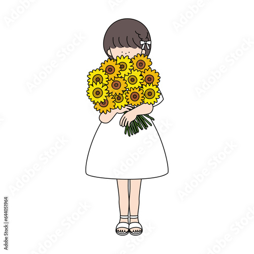 ひまわりの花束を持ったおめかしした女の子