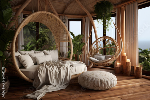 Bedroom interior decoration with rattan bohemian-style, warm tone, natural wooden in minimal design concept.