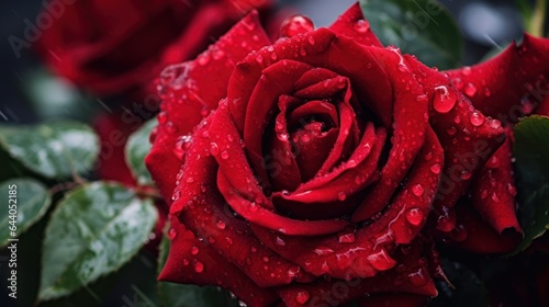 Red roses with water drops on dark background. Valentine s Day. Mother s day concept with a space for a text. Valentine day concept with a copy space.