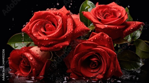 Red roses with rain drops on a dark background. Shallow depth of field. Mother s day concept with a space for a text. Valentine day concept with a copy space.