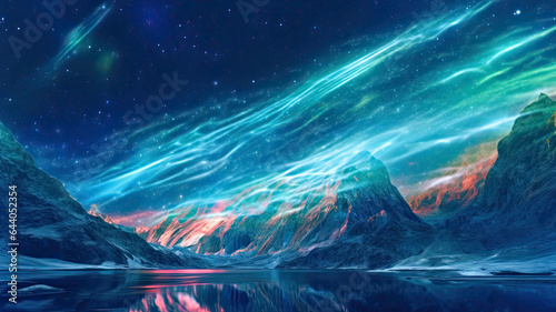 Aurora Borealis over Snowy Mountains and Reflecting Lake,aurora borealis in the sky