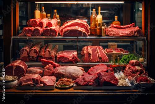 Showcase with raw meat in a butcher shop.Selected quality meat.