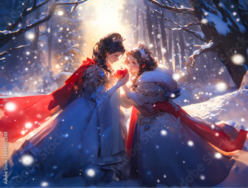 fairy tale cartoon a queen giving an apple to snow white in a snowy forest