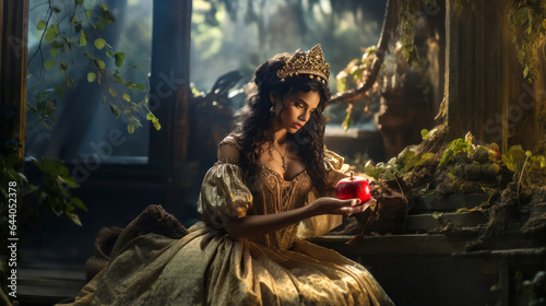 Photo fairy tale snow white holding an apple in a forest