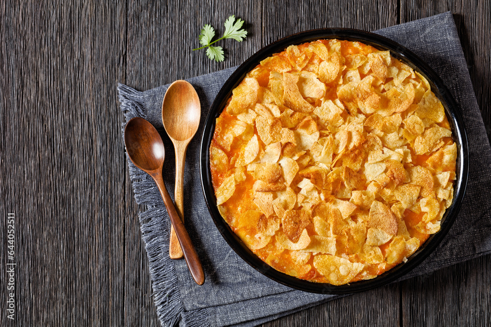 creamy cheesy chicken almond casserole, top view creamy cheesy chicken almond casserole, top view
