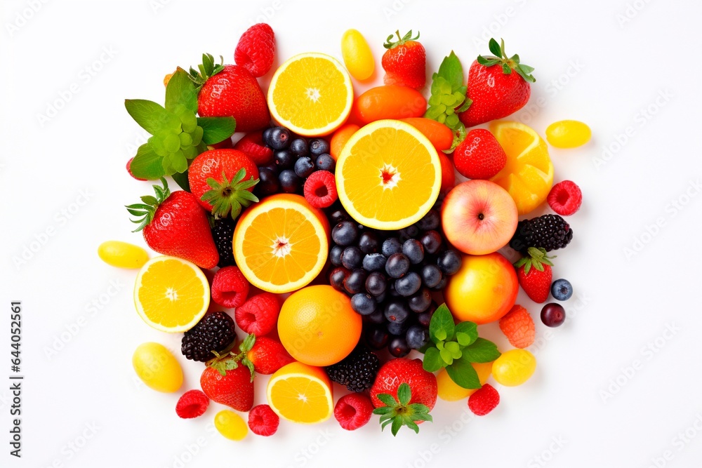 fruits are laid out on the table, top view white background. Generated AI fruits are laid out on the table, top view white background. Generated AI