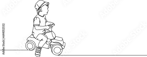 continuous single line drawing of toddler on toy car, line art vector illustration