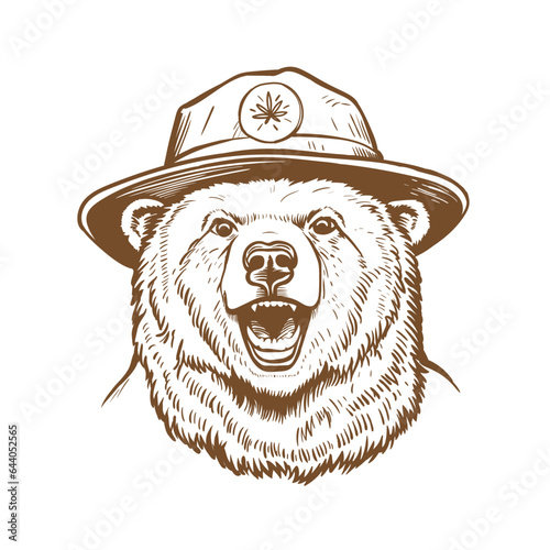 Californian bear in the ranger hat. Hand drawn vector illustration. 