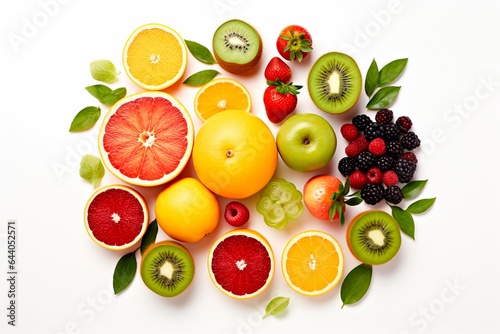 fruits are laid out on the table  top view white background. Generated AI