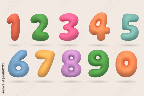 Colored numbers from 0 to 9. Realistic 3D plastic design. vector illustration Collection of volumetric inflated figures from a balloon. Set of bright bubble spherical shapes.