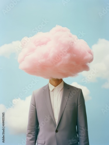 A faceless man with a huge, soft, pastel pink cloud on his head