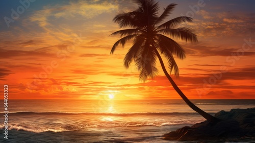 A painting of a sunset with a palm tree in the foreground