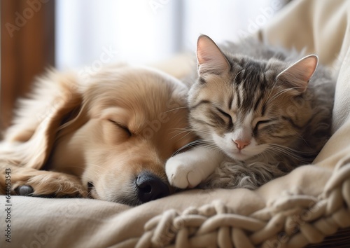 Dog and cat sleeping together. Domestic animals. Generative AI