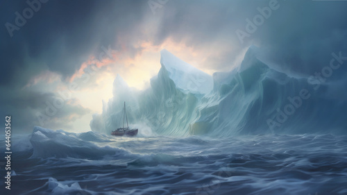A lost ship sailing in the storm on a rough sea, about to collide with a gigantic iceberg. A clearing could prevent it from sinking - Conceptual illustration about hope in the trials of life