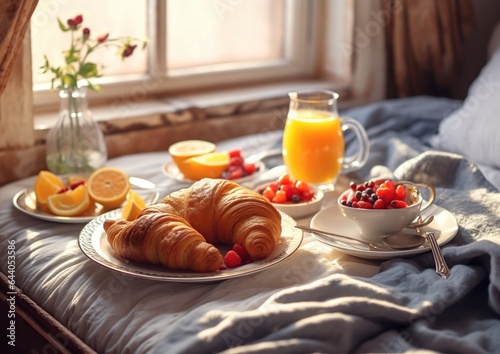 Tasty breakfast in bed with croissants, fruits and juice. Generative AI