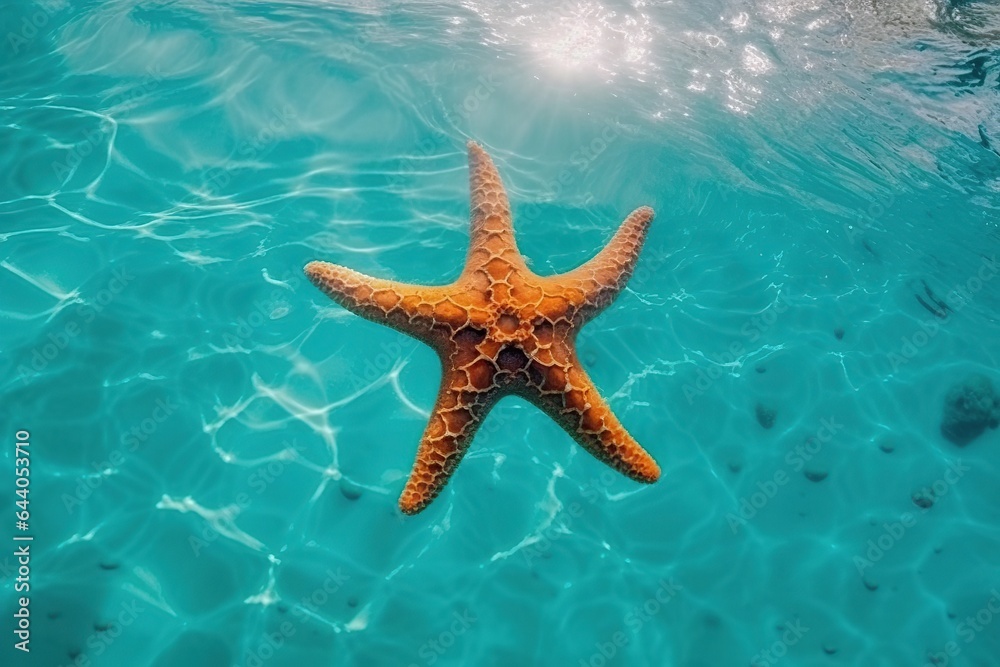 Starfish swims in sea water. Summer time. Generative AI Starfish swims in sea water. Summer time. Generative AI