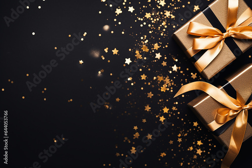 Black gift box with golden bow on black background.,Black Friday Gift and Discount © Aonsnoopy