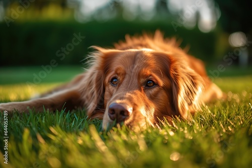 Cute dog lying down on the green grass. Generative AI