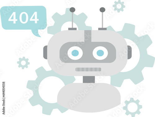 Error 404 sign exclamation mark robot plane waiting line site gear vector illustration
