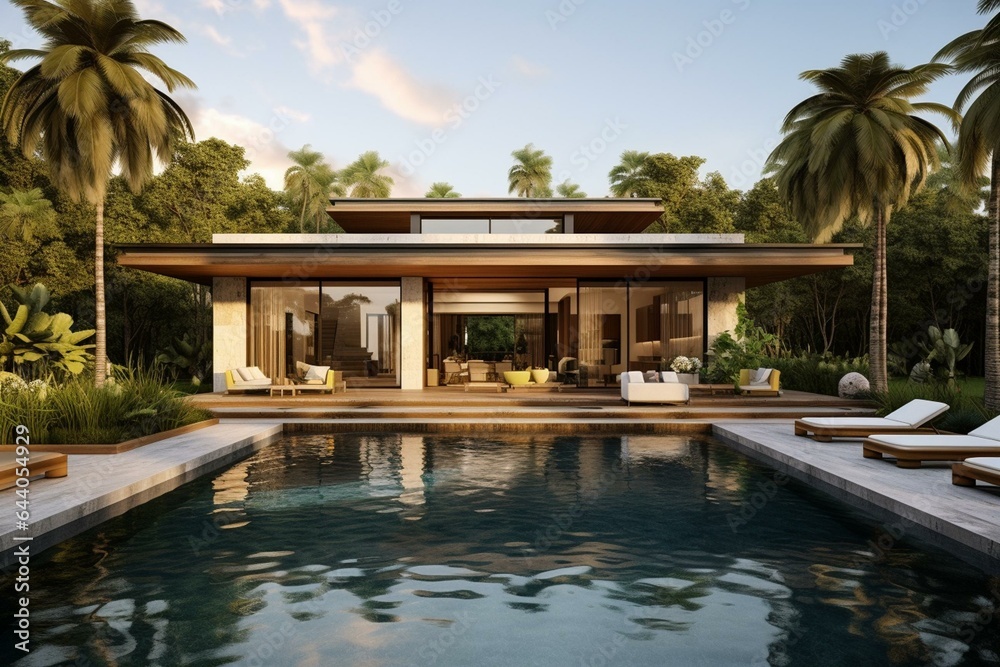 Contemporary residence showcasing an open layout and secluded bedroom area. Expansive terrace with a private pool and sauna retreat. Generative AI