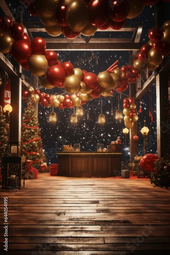 interior of a wooden hall decorated for Christmas celebration