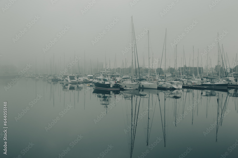 
Sailboats moored in the Louise Basin marina seen through heavy fog during an early summer morning, Quebec City, Quebec, Canada