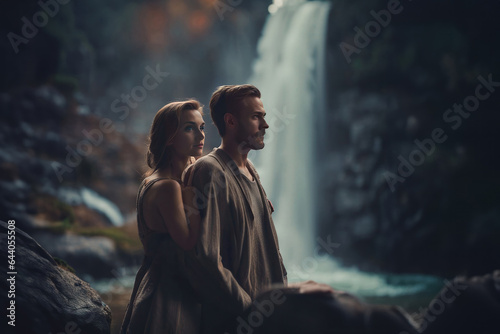Dramatic Image of Romantic Couple at Waterfall in Nature, created with Generative AI technology