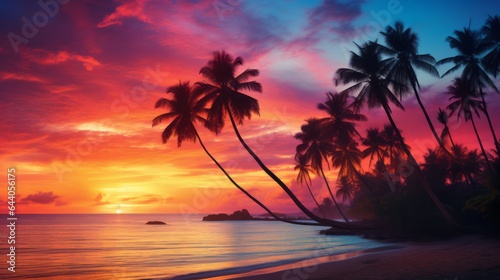 A tropical sunset with palm trees and the ocean © cac_tus