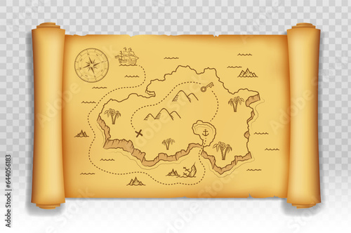 Old pirate map of treasure island on an old scroll. Template is isolated on transparent background. Vector illustration.
