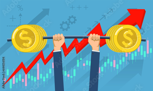 Businessman raises a barbell with money dollars. Against the backdrop of rising income graphs. Financial success and profit. Vector illustration
