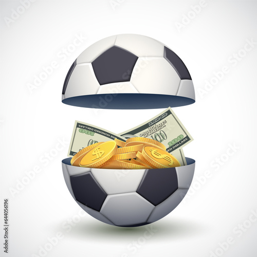 Paper money and gold coins inside a soccer ball. Corruption in sports. Match betting and gambling. Icon isolated on white background. vector illustration