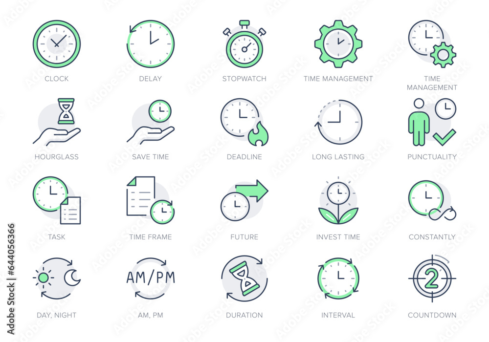 Time management line icons. Vector illustration include icon - deadline, stopwatch, hourglass, metronome, delay, punctuality outline pictogram for work days. Green Color, Editable Stroke