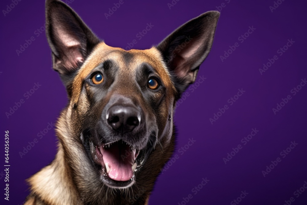 Headshot portrait photography of a happy belgian malinois dog wearing a sports jersey against a deep purple background. With generative AI technology