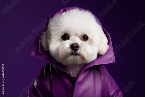 Photography in the style of pensive portraiture of a curious bichon frise wearing a raincoat against a deep purple background. With generative AI technology photo