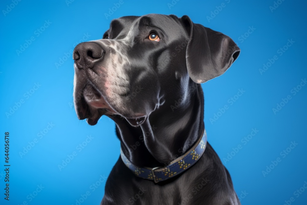 Medium shot portrait photography of a cute great dane wearing a spiked collar against a sky-blue background. With generative AI technology Medium shot portrait photography of a cute great dane wearing a spiked collar against a sky-blue background. With generative AI technology