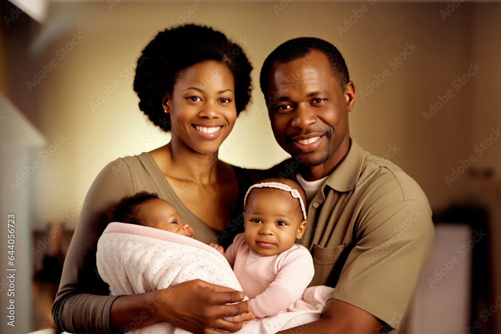 Parenthood, Father and mother and holding baby, African American, Picture, , created with Generative AI technology