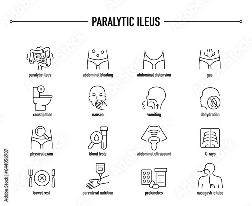 Paralytic Ileus symptoms, diagnostic and treatment vector icons. Line editable medical icons.