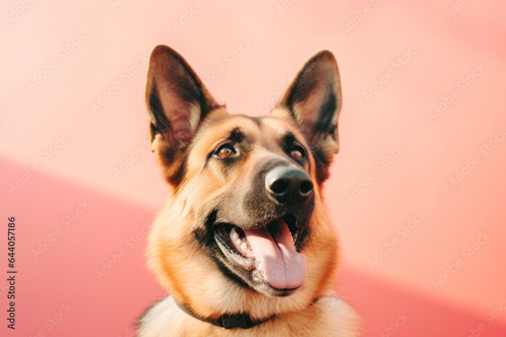 Headshot portrait photography of a smiling german shepherd wearing a spiked collar against a pastel orange background. With generative AI technology