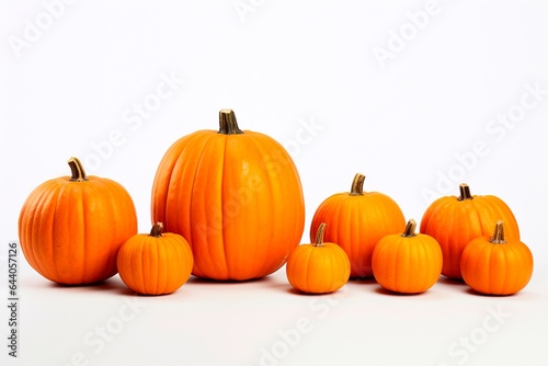 Halloween pumpkins on the table realistic white background. Generated AI