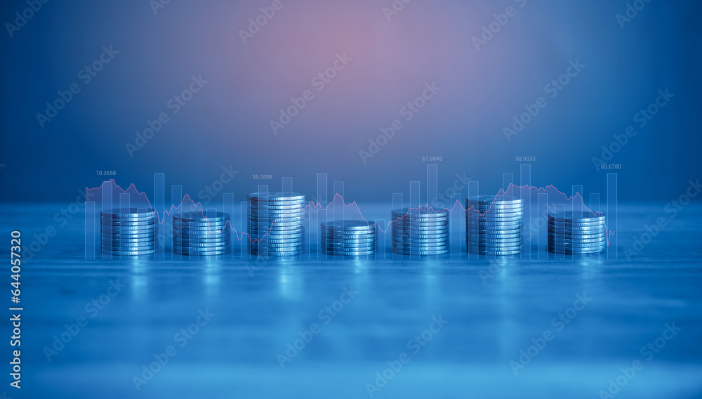 Stack of money coin on blue background with bar chart and graph. Business and finance background.