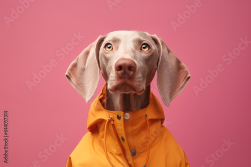 Close-up portrait photography of a funny weimaraner dog wearing a raincoat against a pastel orange background. With generative AI technology