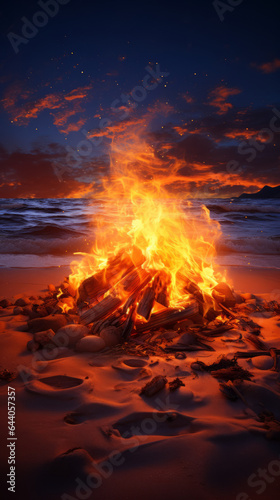 A bonfire on a beach at night time