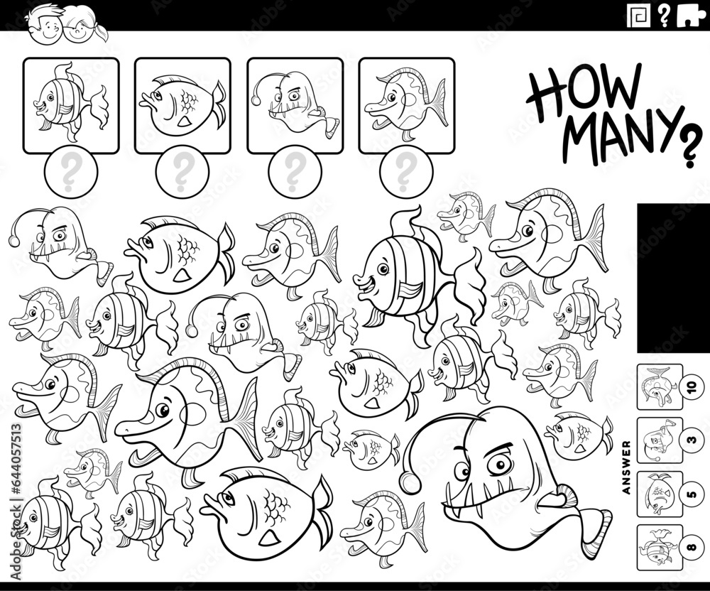 how many cartoon fish counting game coloring page