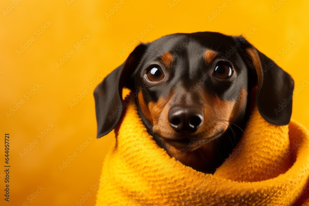 Lifestyle portrait photography of a smiling dachshund wearing a snood against a yellow background. With generative AI technology