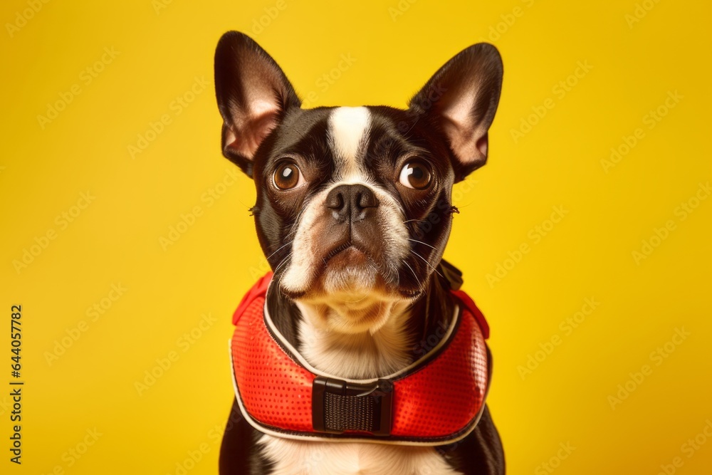 Lifestyle portrait photography of a cute boston terrier wearing a life jacket against a yellow background. With generative AI technology