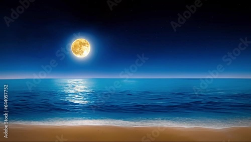 Beach scene with starry sky and full moon, 4k quality looping video